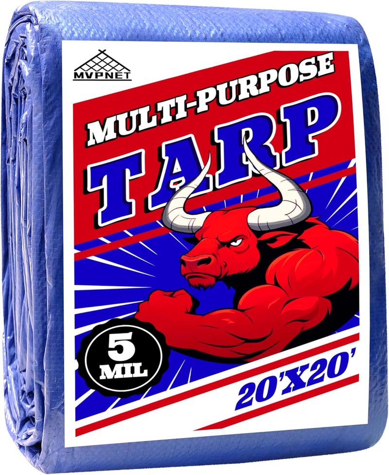 MVPNET Tarp 20x20 ft 100% Waterproof Uv Resistant High Durability Multipurpose 5mil Blue Tarp for Covering Courtyards, Cars, Camping, Gardens, Pet Nests -by - Image 1